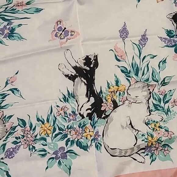 Vintage AVON Floral Cat Print Scarf Pink Border Kittens Playful Animal Pet - Picture 5 of 6